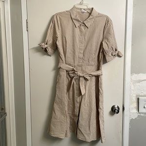 Calvin Klein midi length tan/white gingham dress with side pockets.